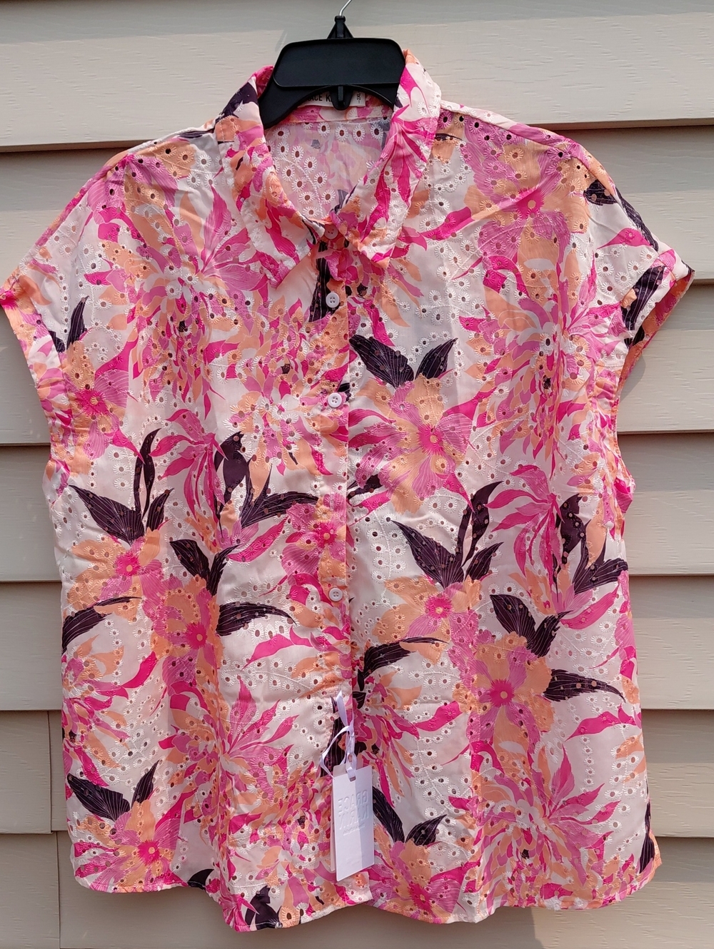 GRACE KARIN Women's  Pink and Peach Floral Eyelet Button Front Blouse Size 2XL